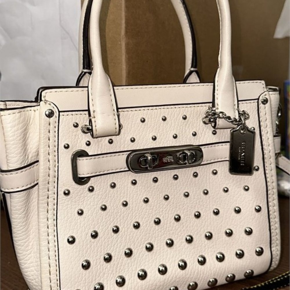 Coach White Leather Mini Swagger Studded Tote